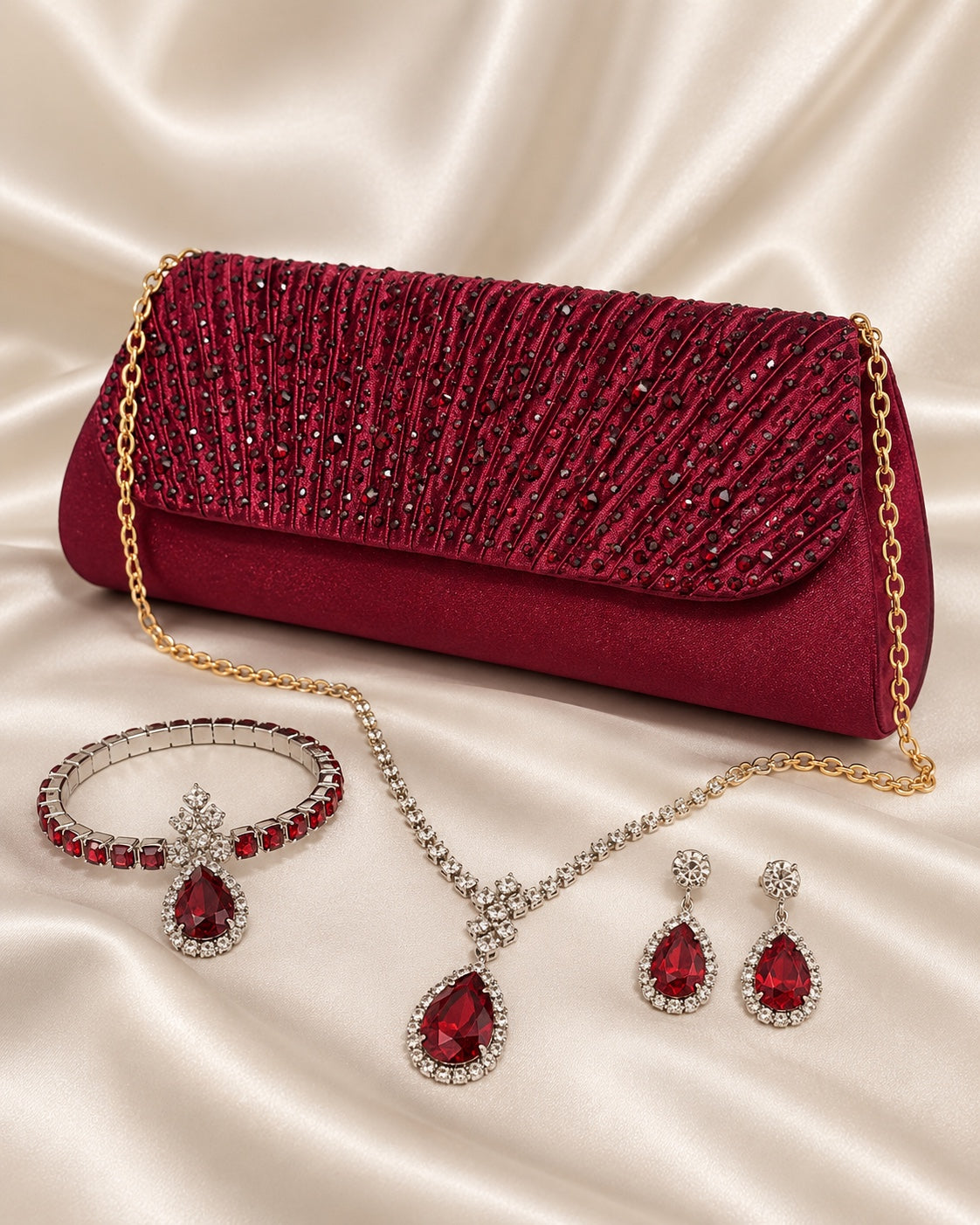 Burgundy embellished evening bag with matching jewelry set