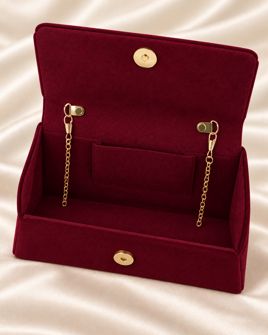 Burgundy handbag interior and magnetic closure detail