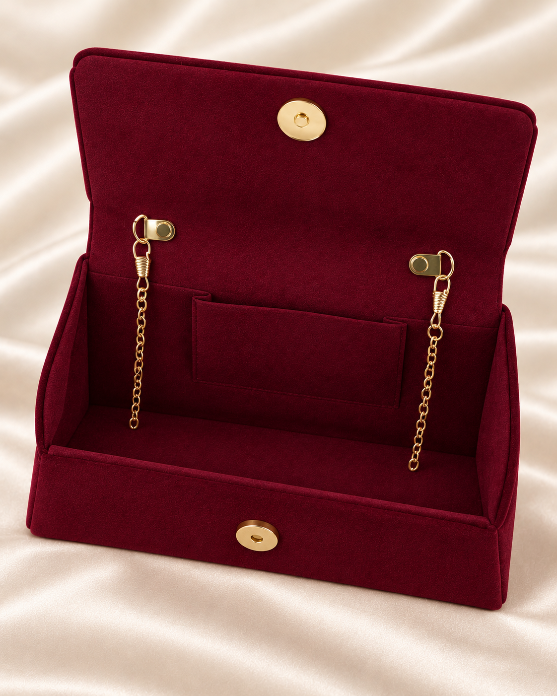 Burgundy handbag interior and magnetic closure detail