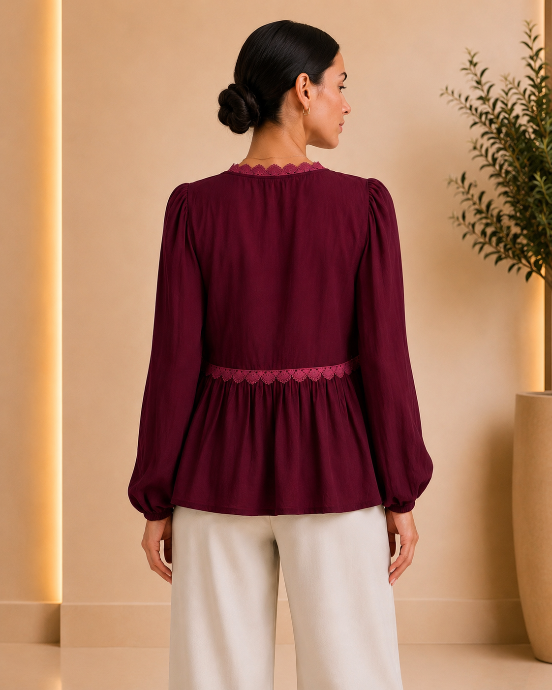 Burgundy lace-trim blouse back view