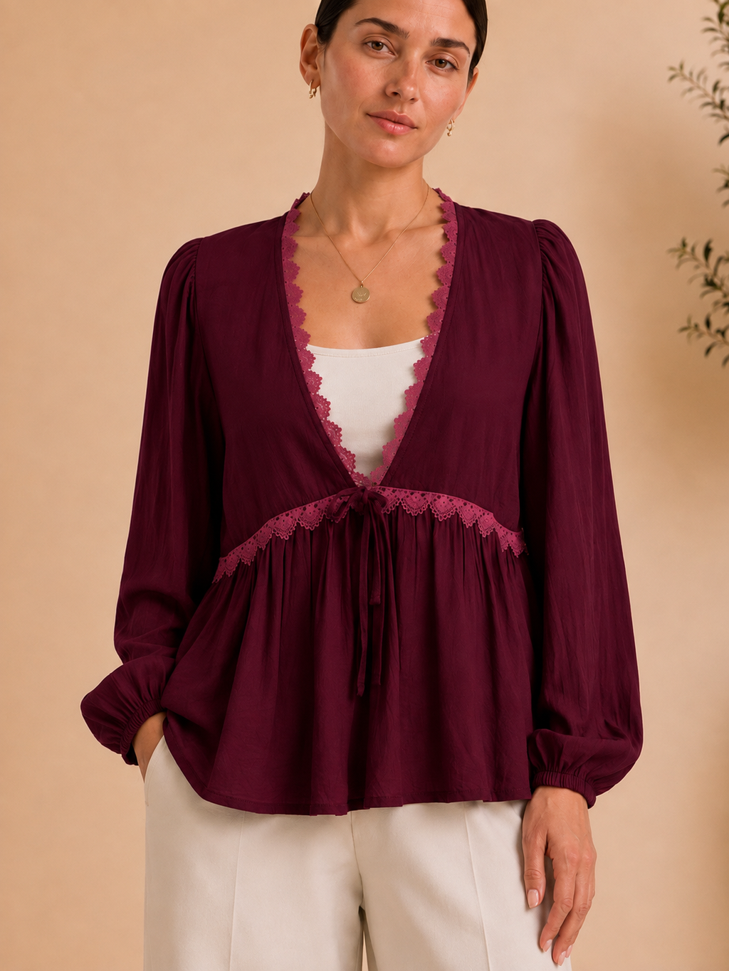 Burgundy lace-trim blouse close front view