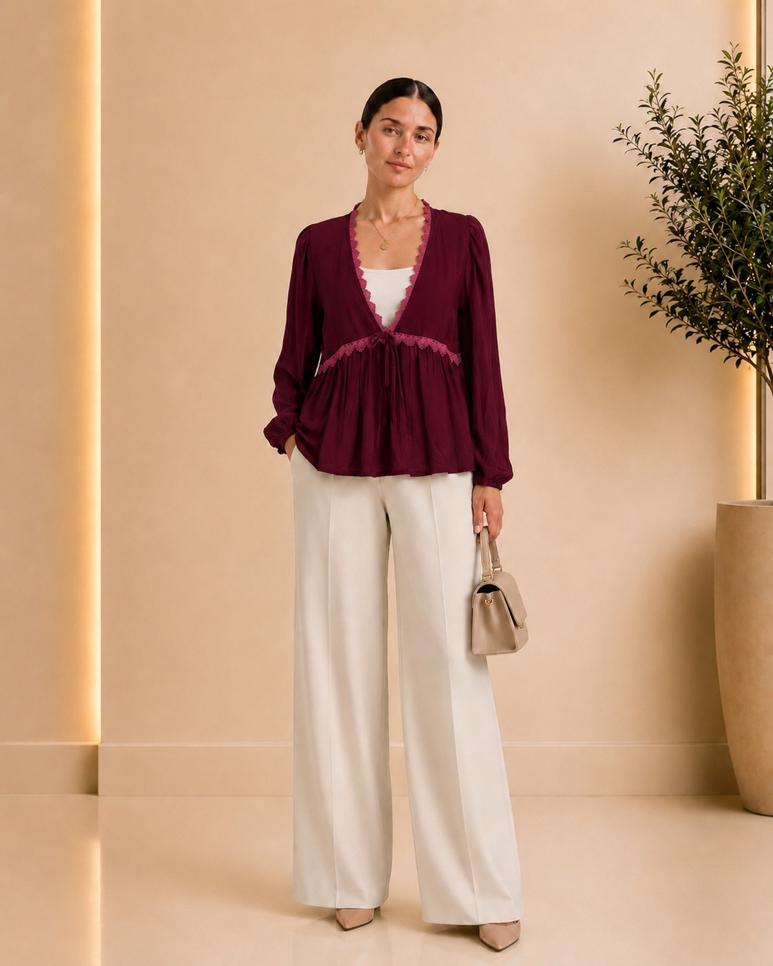 Burgundy lace-trim blouse front view