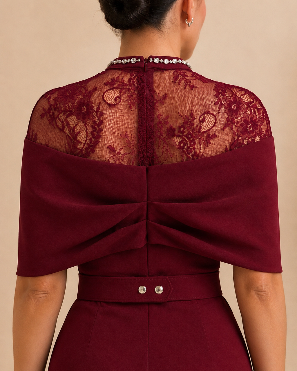 Burgundy jumpsuit back cape drape and lace detail