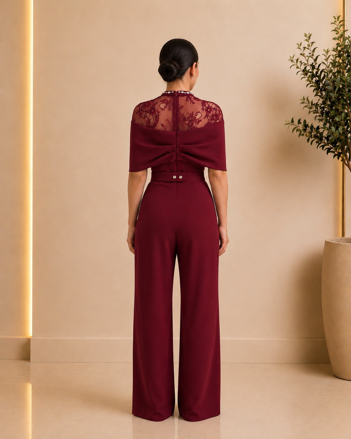Burgundy lace jumpsuit back view