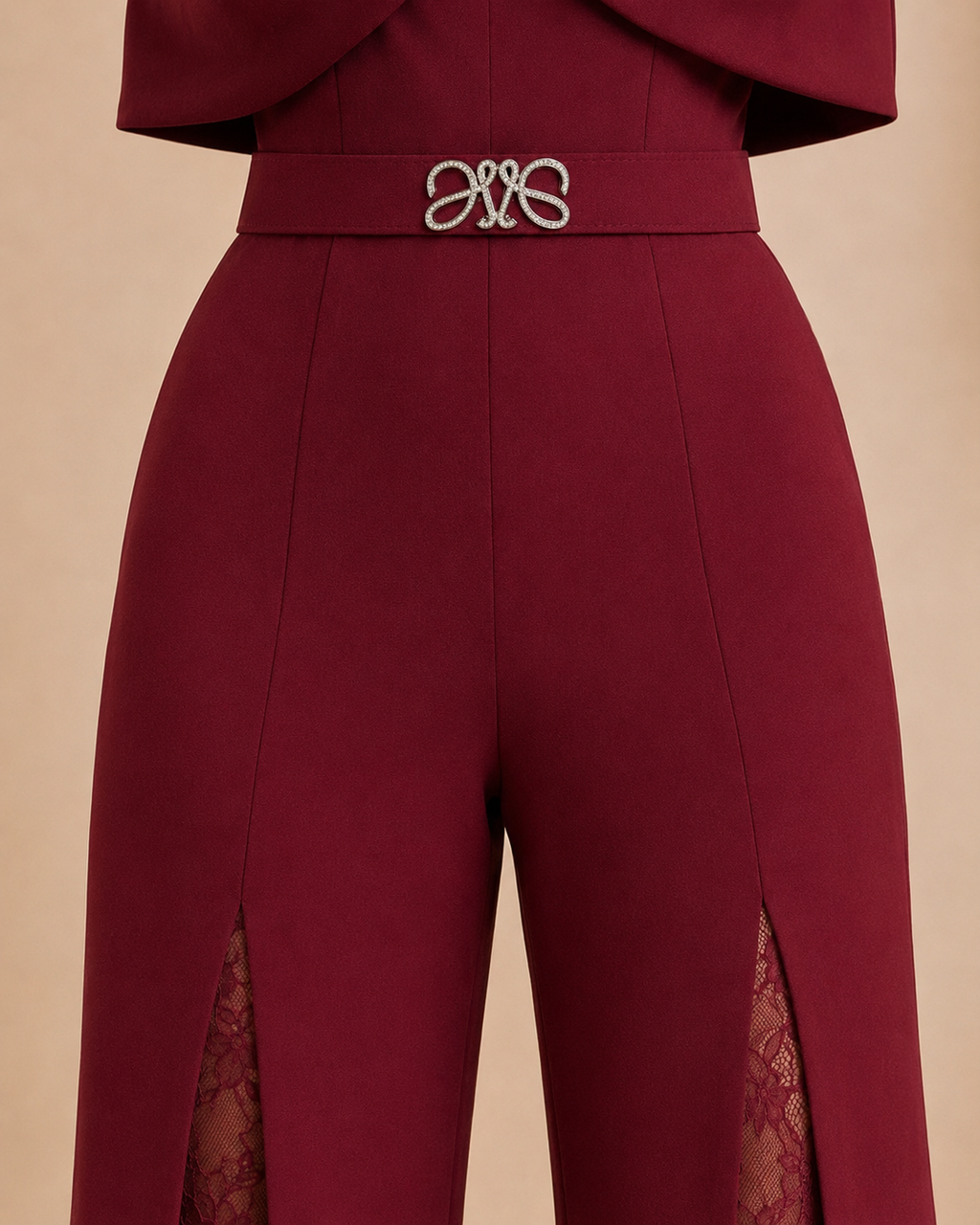 Burgundy jumpsuit front trouser seam and lace insert detail