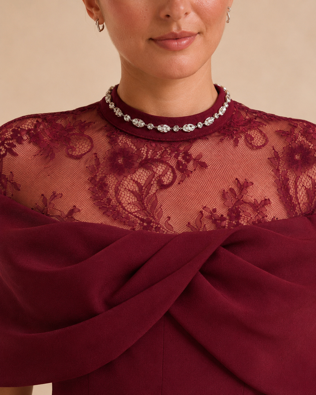 Burgundy lace jumpsuit crystal neckline detail