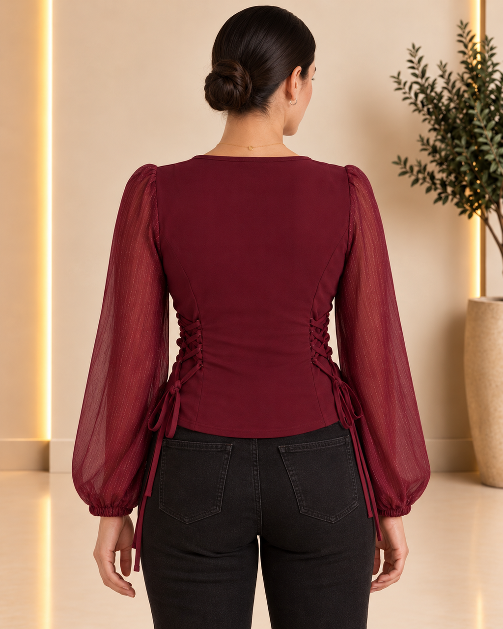 Burgundy lace-up blouse back view