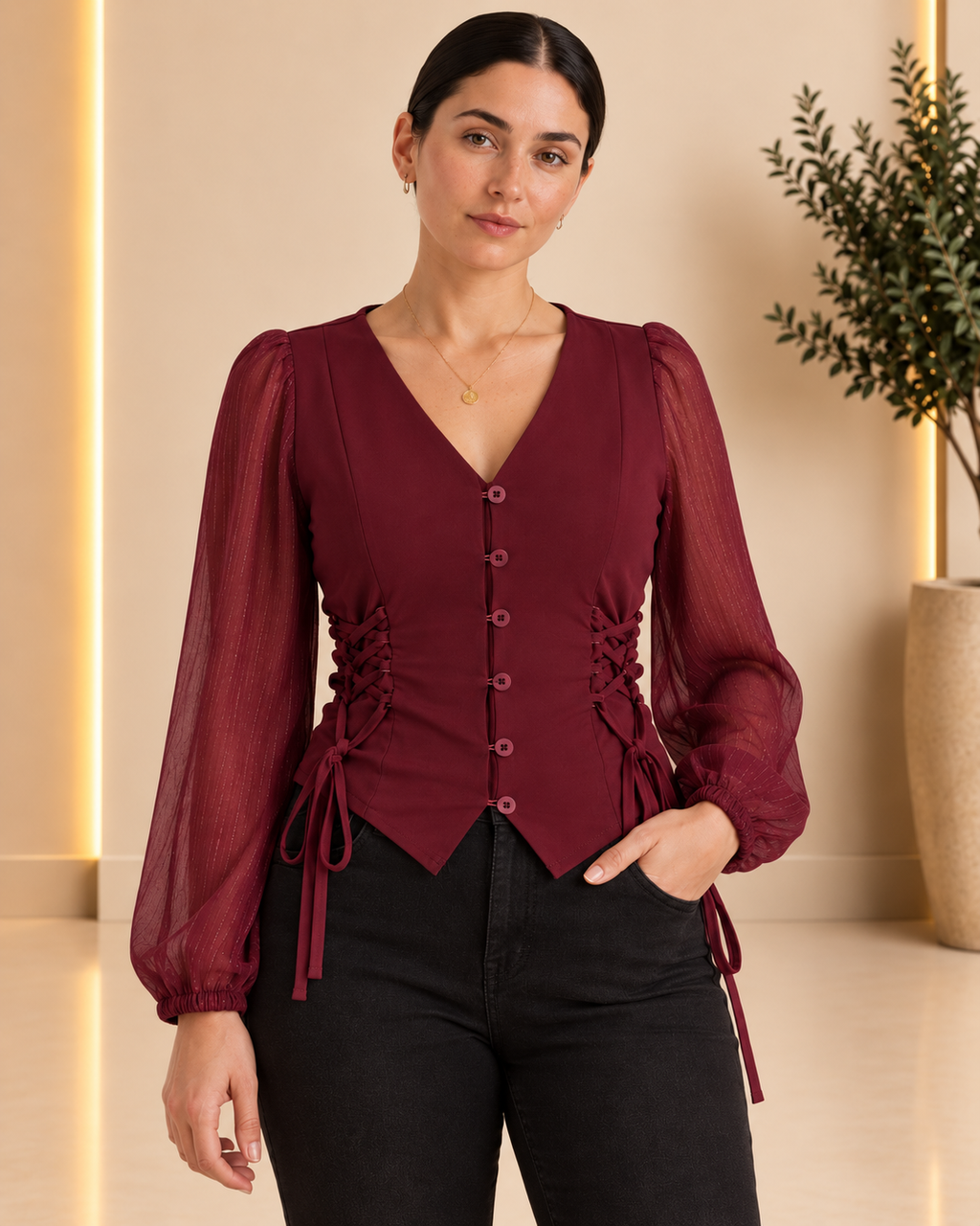 Burgundy lace-up blouse front view