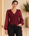 Burgundy lace-up blouse front view