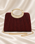 Burgundy pleated evening bag with gold rhinestone handle