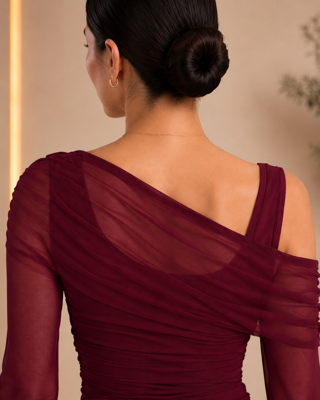 Burgundy mesh fabric and ruching detail
