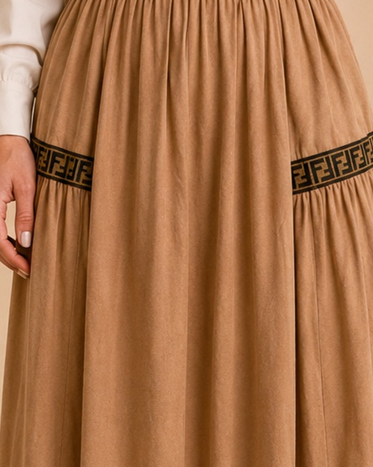 Camel maxi skirt waist gathers detail