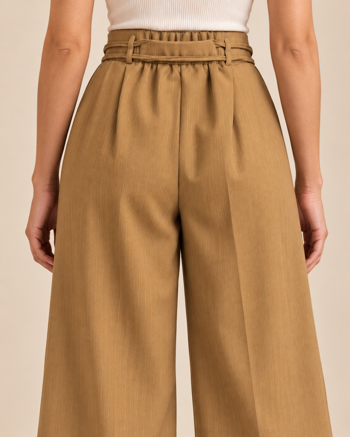 Camel pinstripe trousers back waistband detail