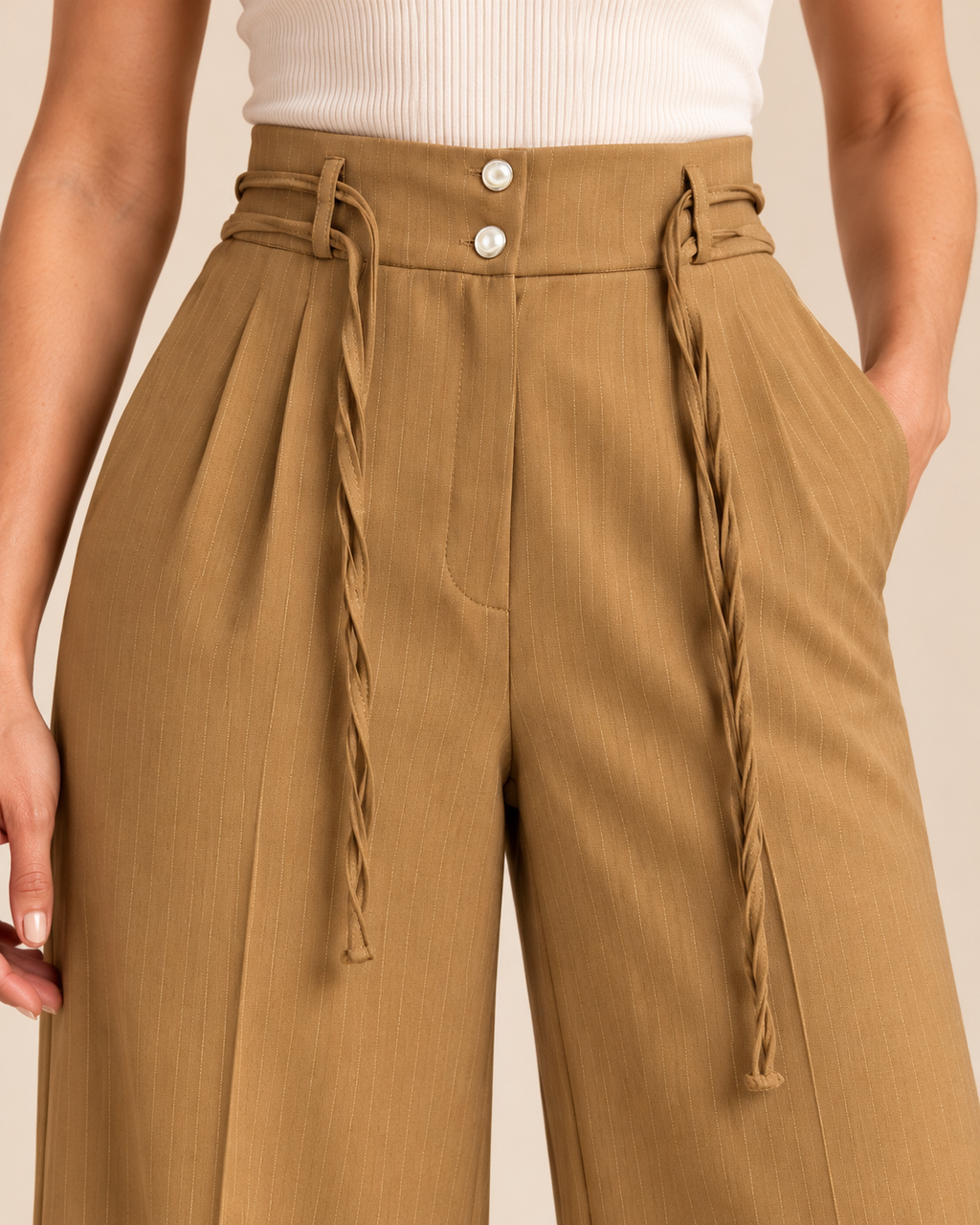 Camel pinstripe trousers waistband and pearl button detail