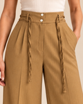 Camel pinstripe trousers waistband and pearl button detail