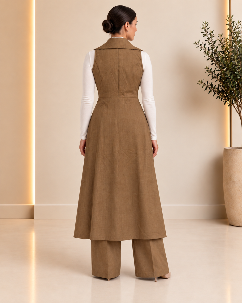 Camel tailored sleeveless long vest and wide-leg trousers back view