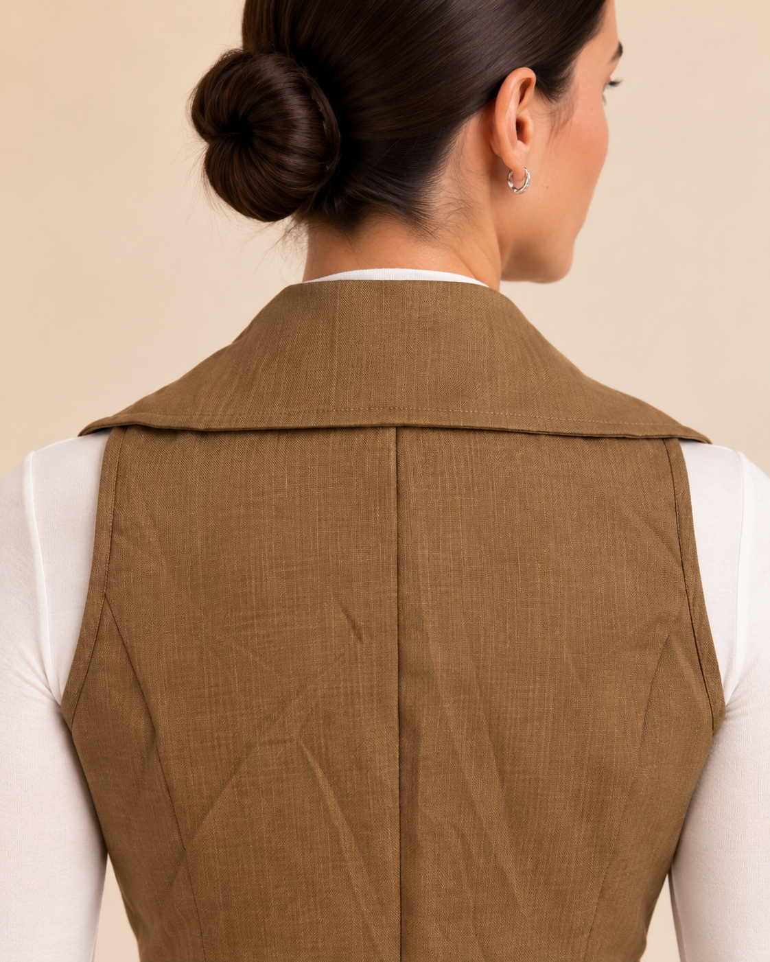 Camel tailored vest back neckline and collar detail