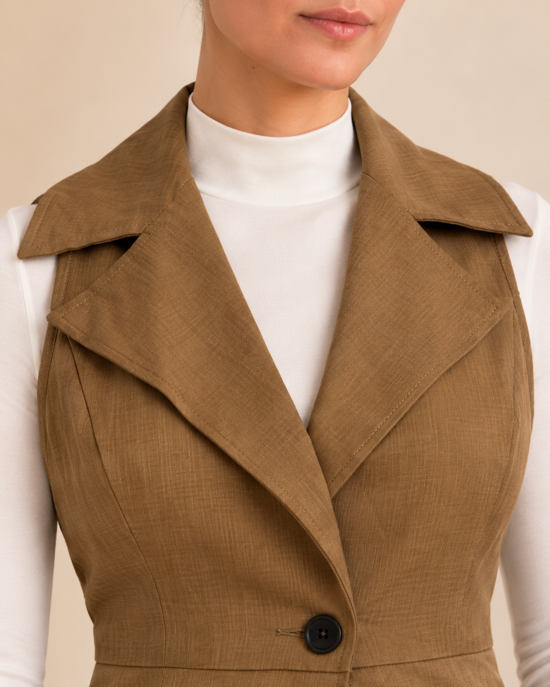Camel tailored vest collar and neckline detail