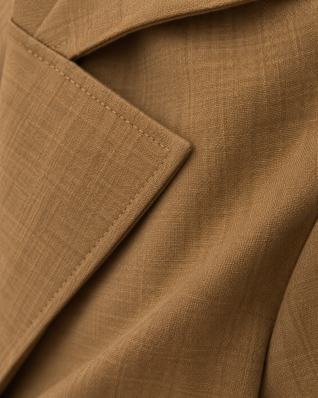 Camel tailored set fabric texture and lapel stitching detail
