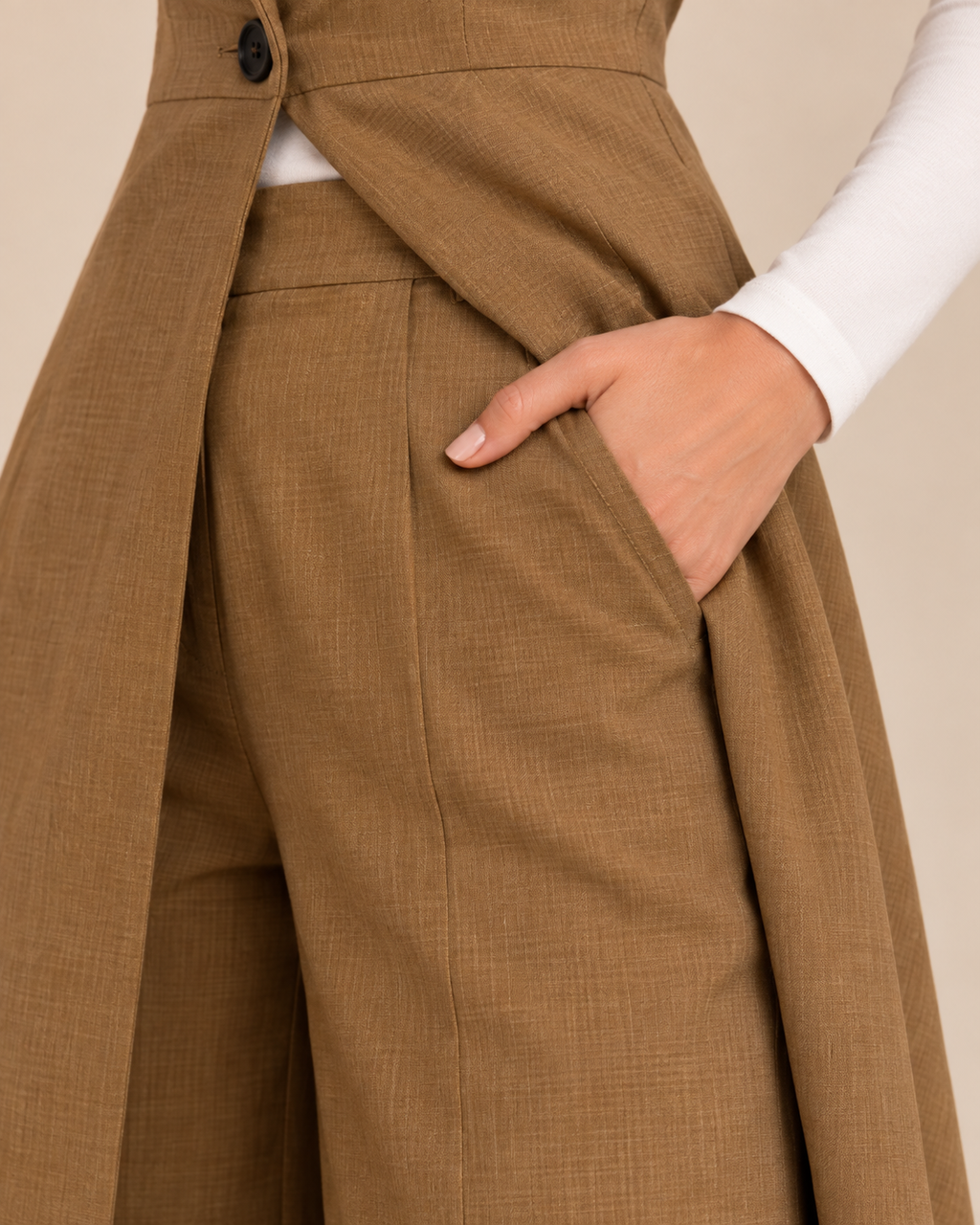 Camel tailored trousers front pocket and seam detail