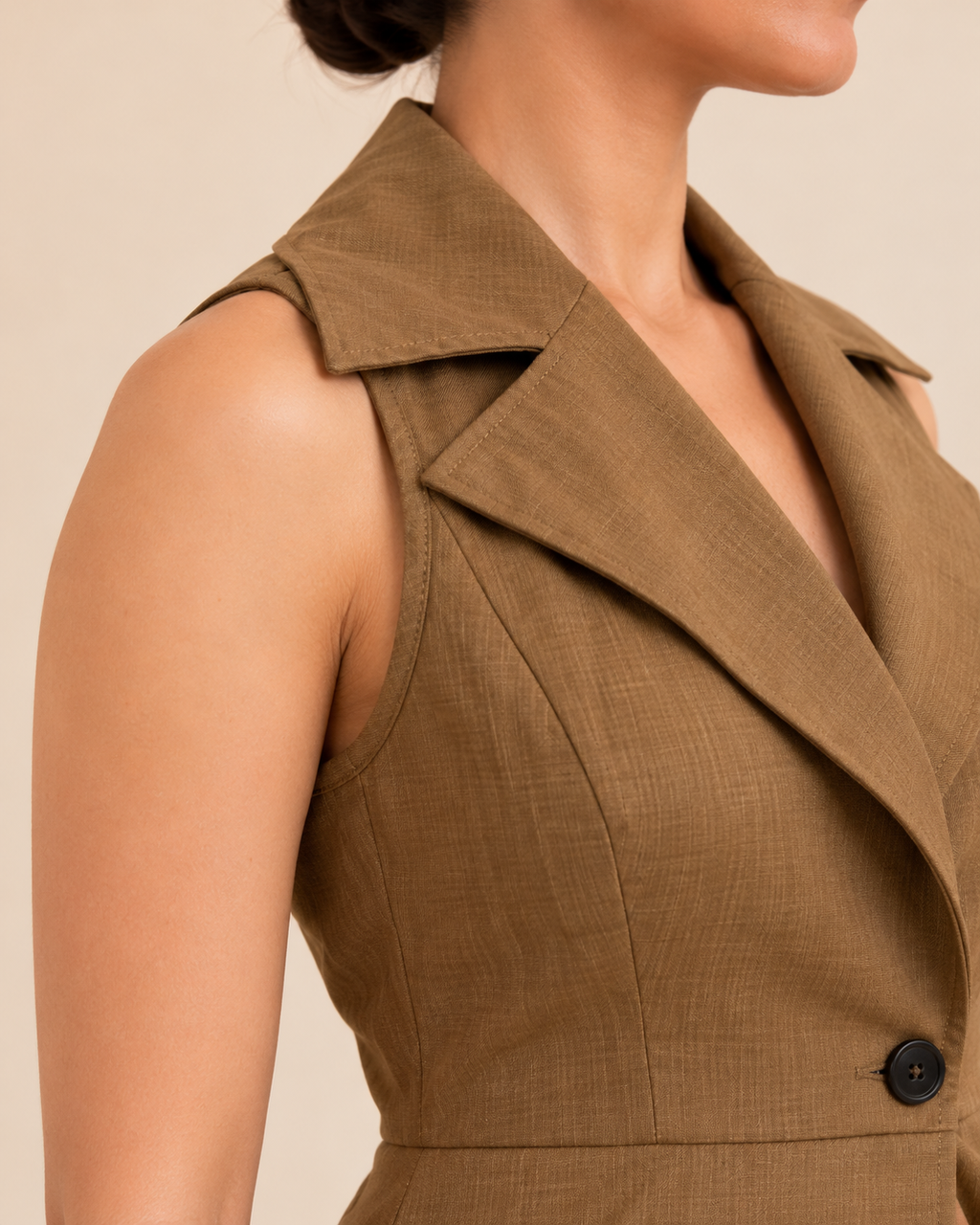 Camel tailored sleeveless vest shoulder and lapel detail