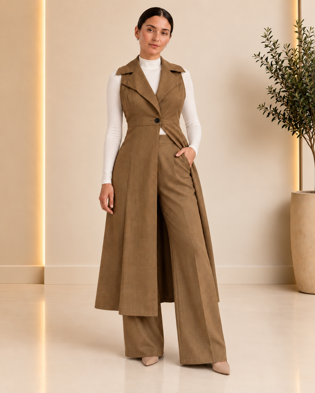 Camel tailored sleeveless long vest and wide-leg trousers front view