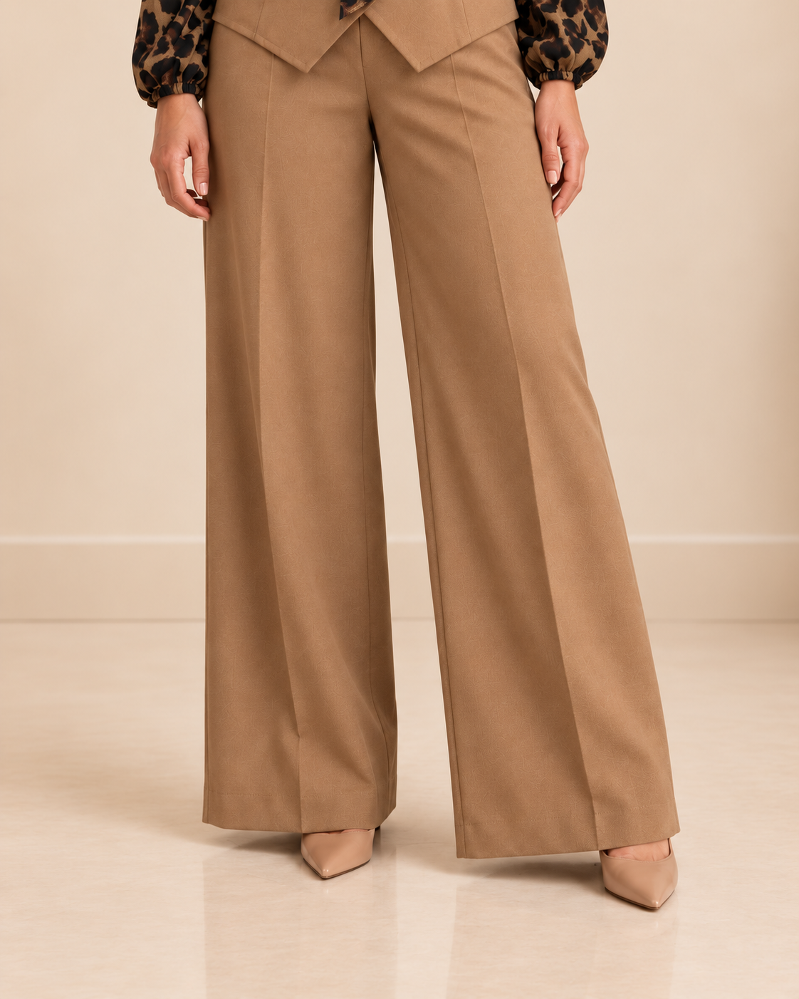 Camel wide-leg trouser and hem detail