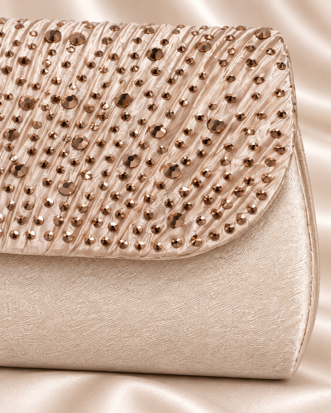 Champagne clutch fabric and rhinestone detail