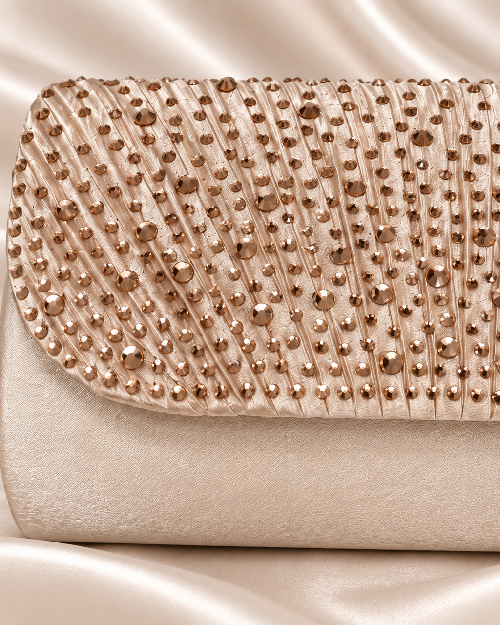 Champagne crystal pleated clutch flap detail