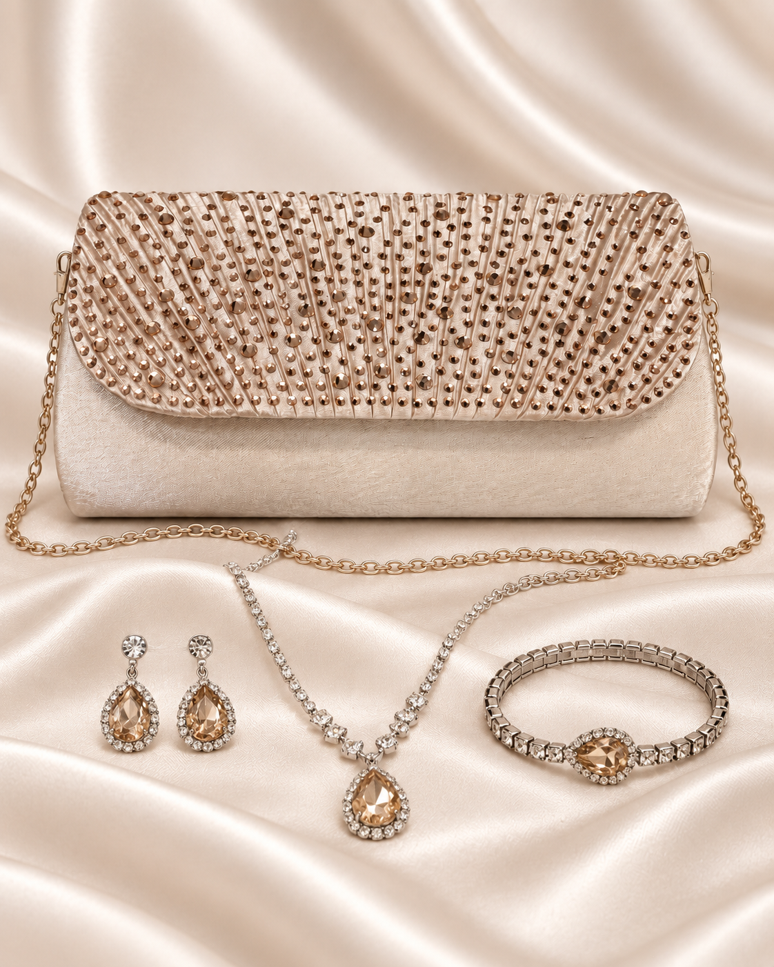 Champagne crystal clutch with matching jewelry set