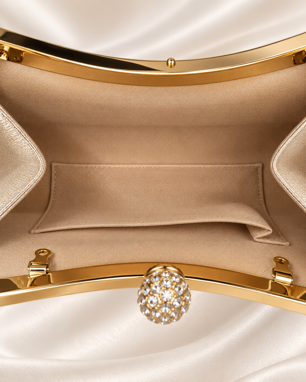 Interior lining pocket and crystal clasp detail