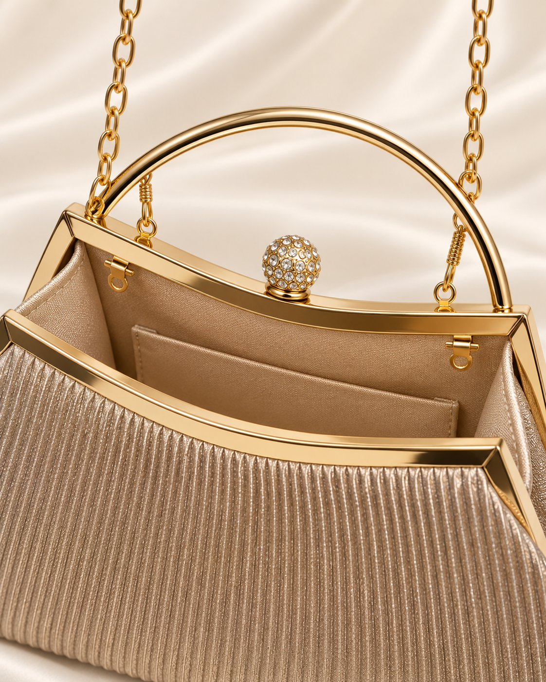 Open frame, pleated exterior, and crystal clasp detail