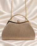 Champagne pleated evening bag with gold handle and crystal clasp