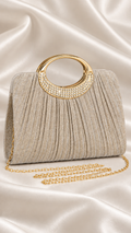Champagne Pleated Rhinestone Handle Evening Bag