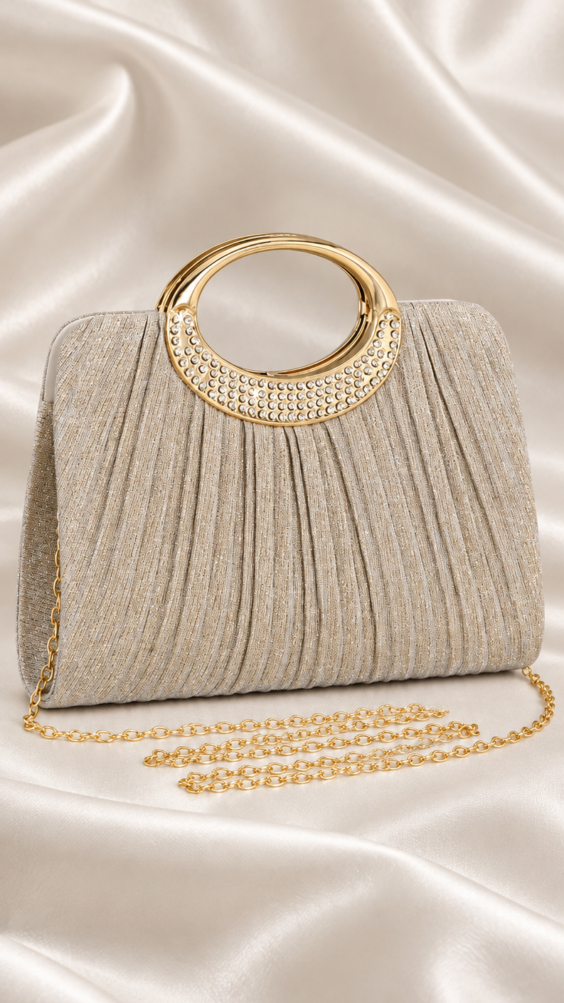 Champagne Pleated Rhinestone Handle Evening Bag