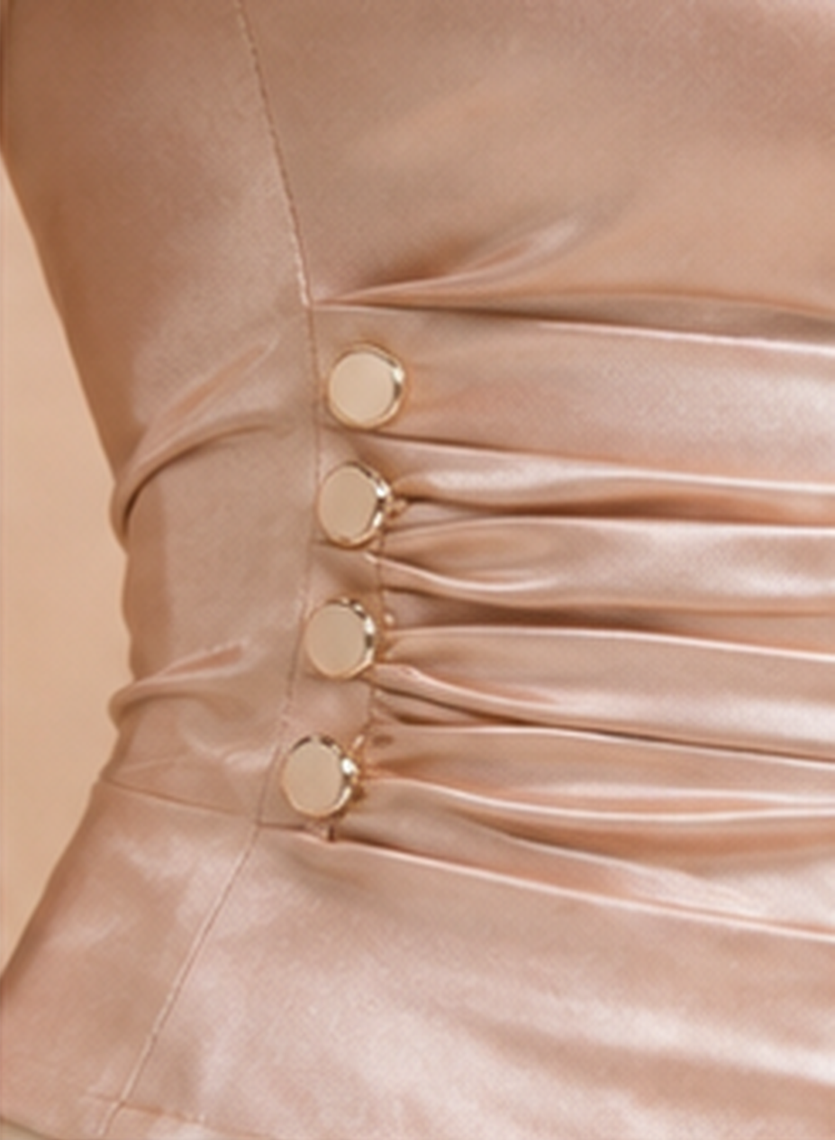 Champagne satin bodysuit side buttons and ruching detail