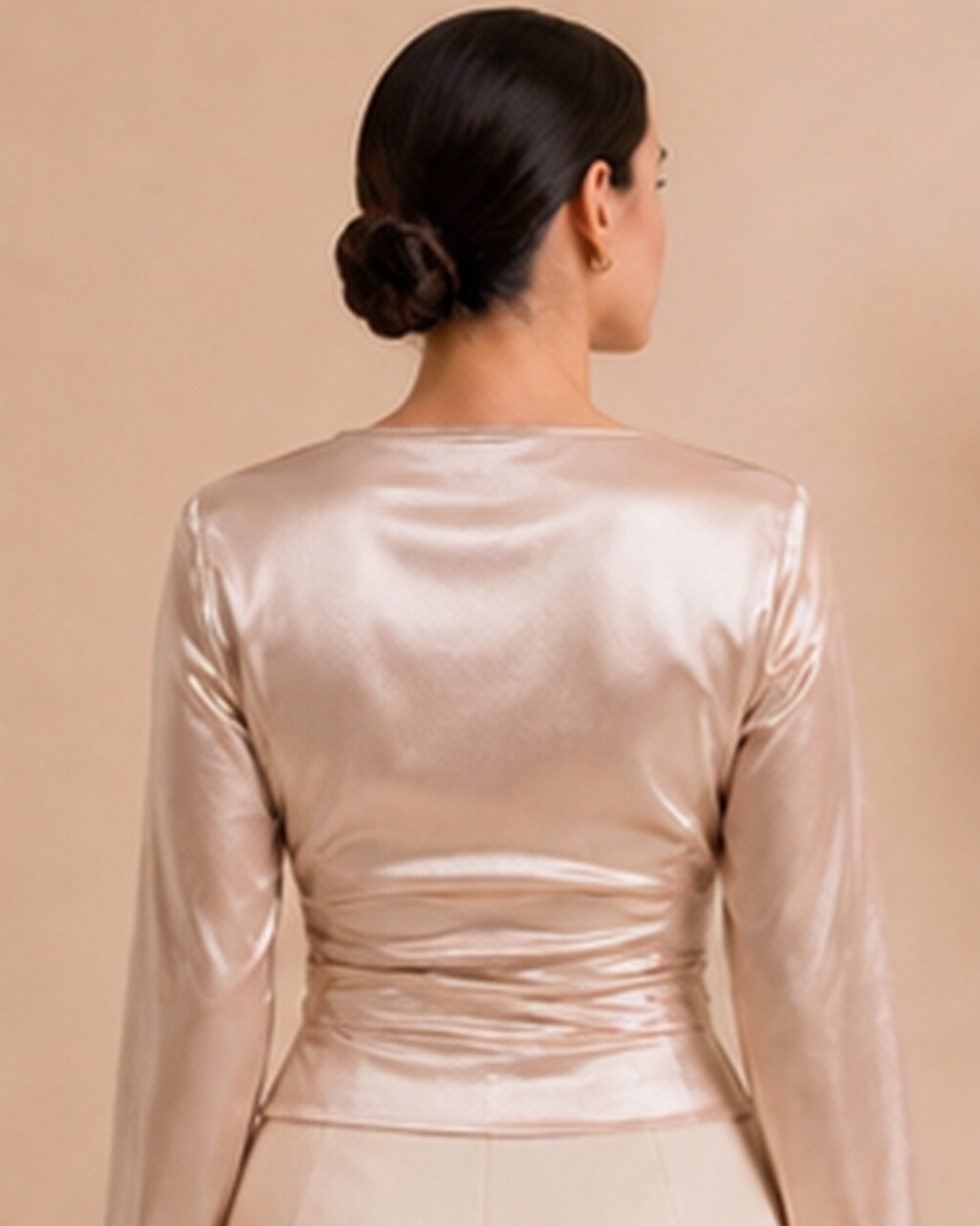 Champagne satin bow ruched bodysuit back view