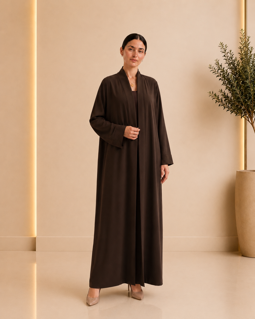Chocolate brown open abaya - full front view