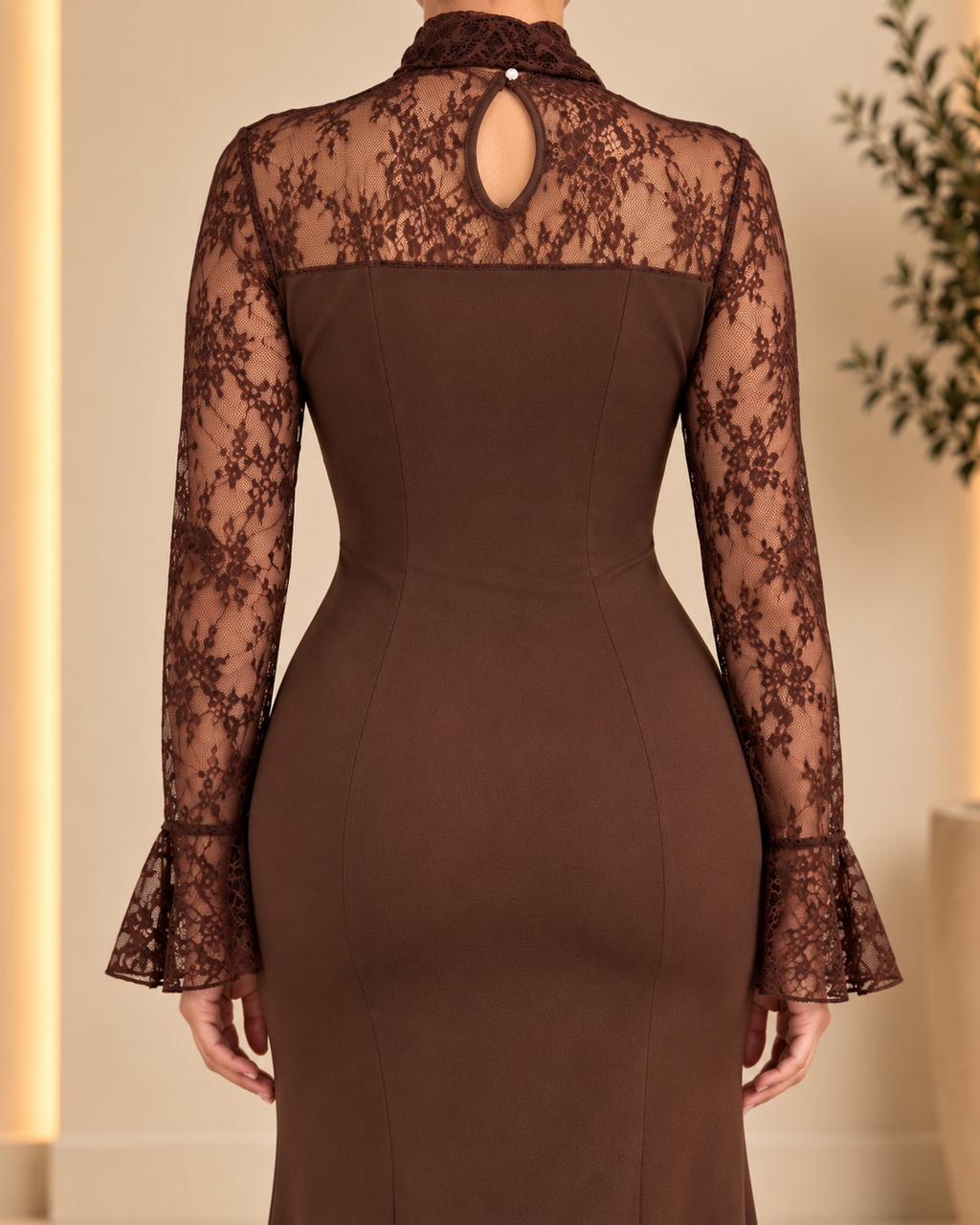 Chocolate brown lace dress back neckline detail