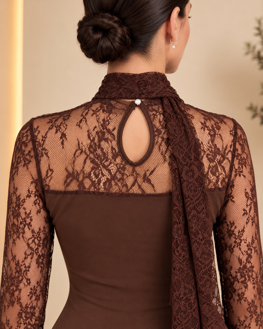Chocolate brown lace dress back seams and construction detail