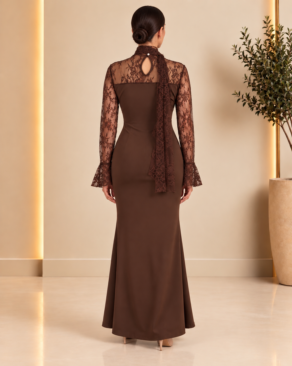 Chocolate brown lace maxi dress back view