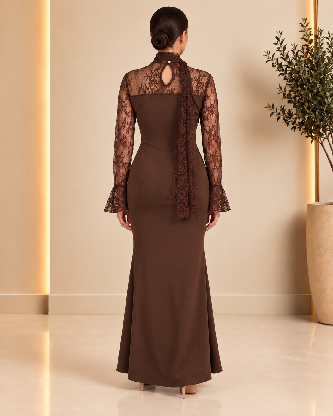 Chocolate brown lace maxi dress back view