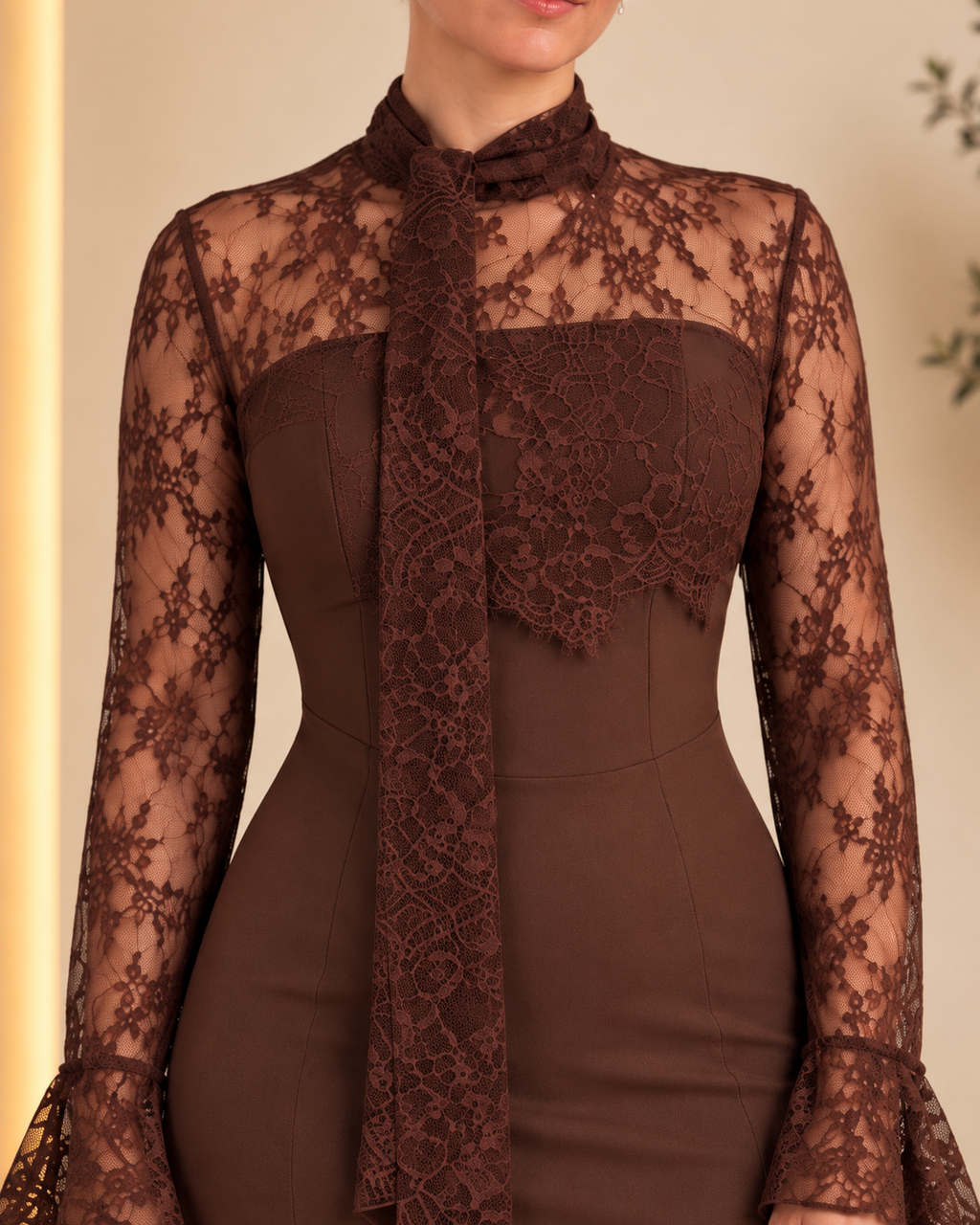 Chocolate brown lace dress bodice and seam detail