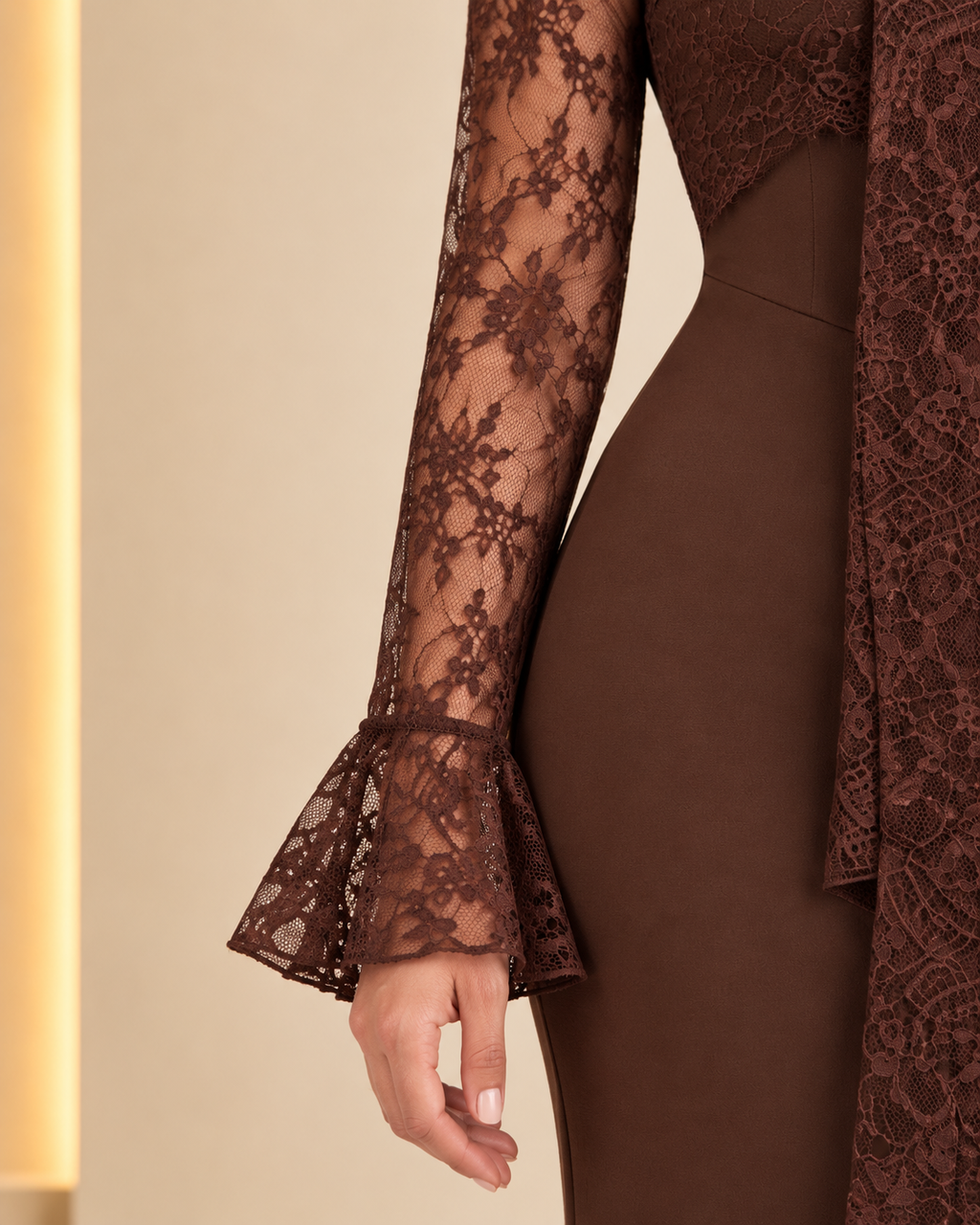 Chocolate brown lace dress sleeve cuff detail
