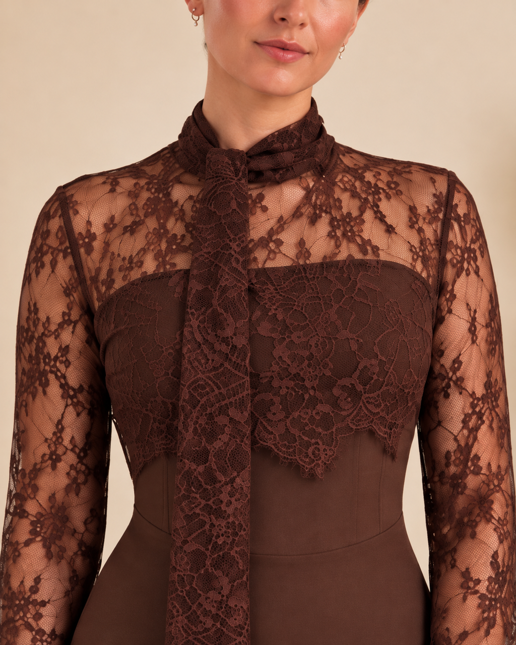 Chocolate brown lace dress neckline and tie detail