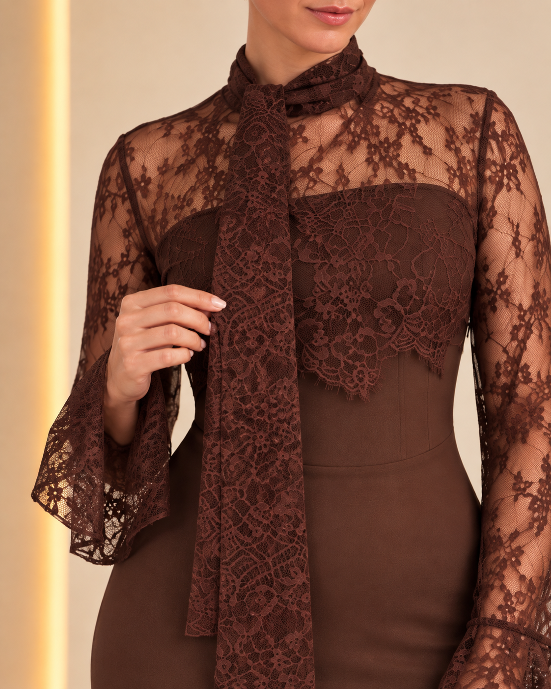 Chocolate brown lace dress tie detail