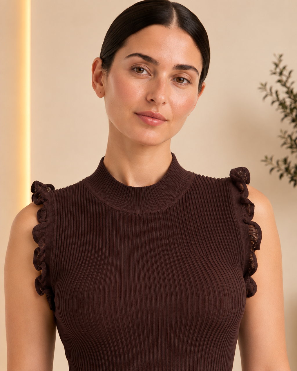 Ribbed mock neckline and shoulder ruffle detail