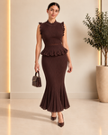 Chocolate brown ribbed knit set front view