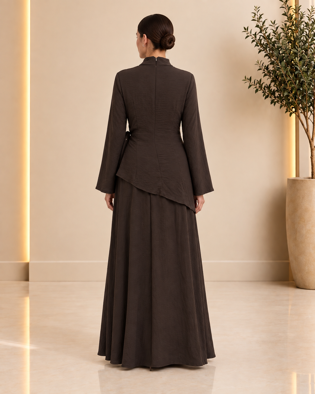 Chocolate brown textured wrap skirt set back view