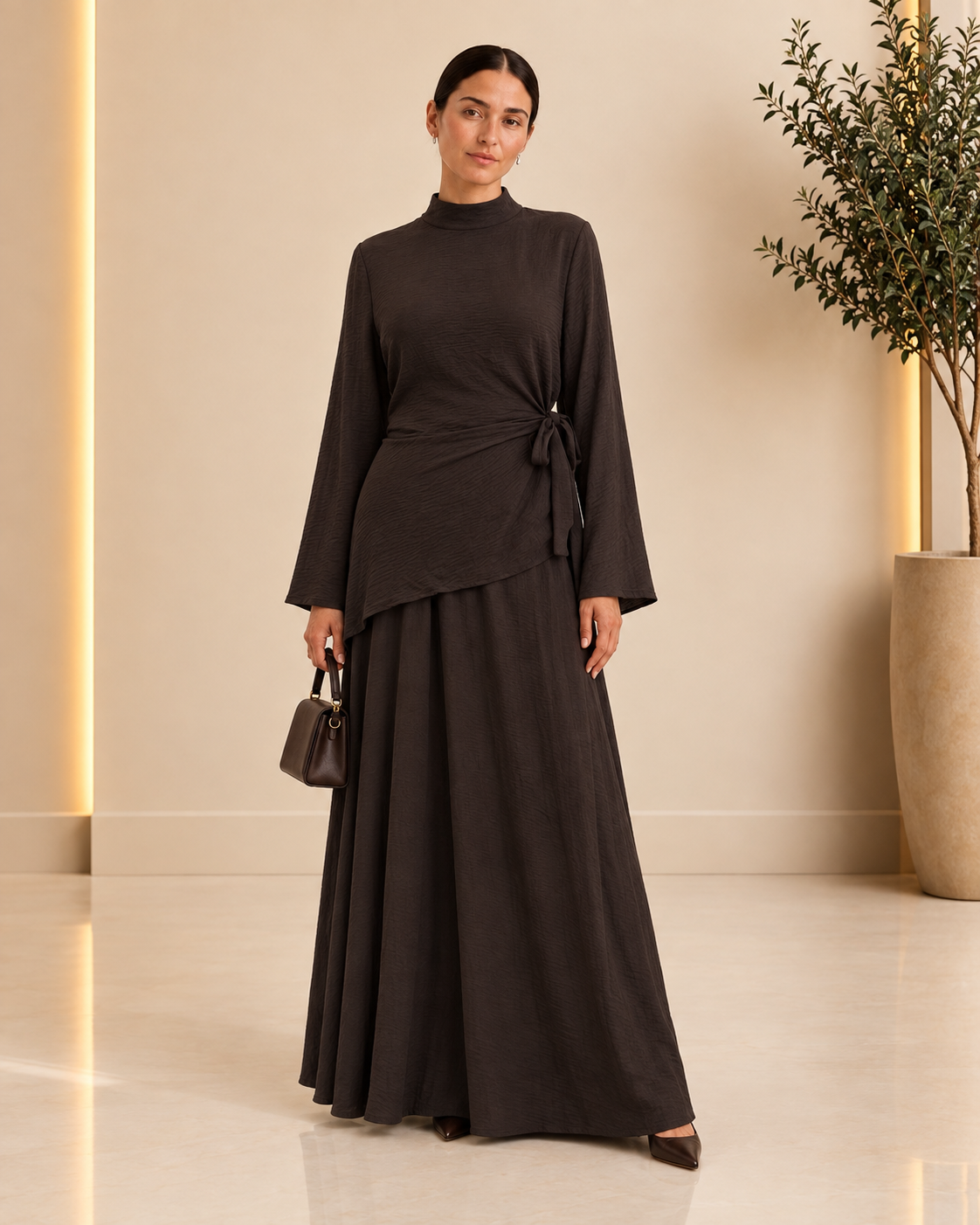 Chocolate brown textured wrap skirt set front view